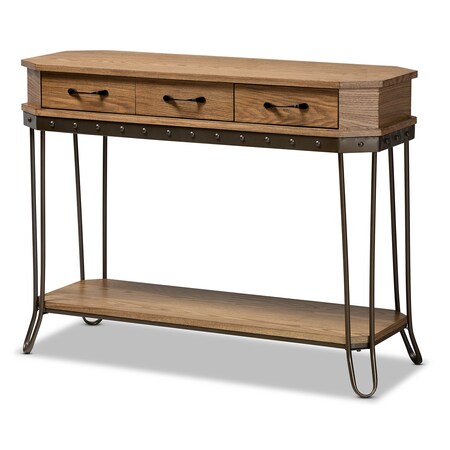 Baxton Studio Kellyn Vintage Oak Brown Finished Wood and Black Finished Metal 3-Drawer Console Table 177-11199-Zoro